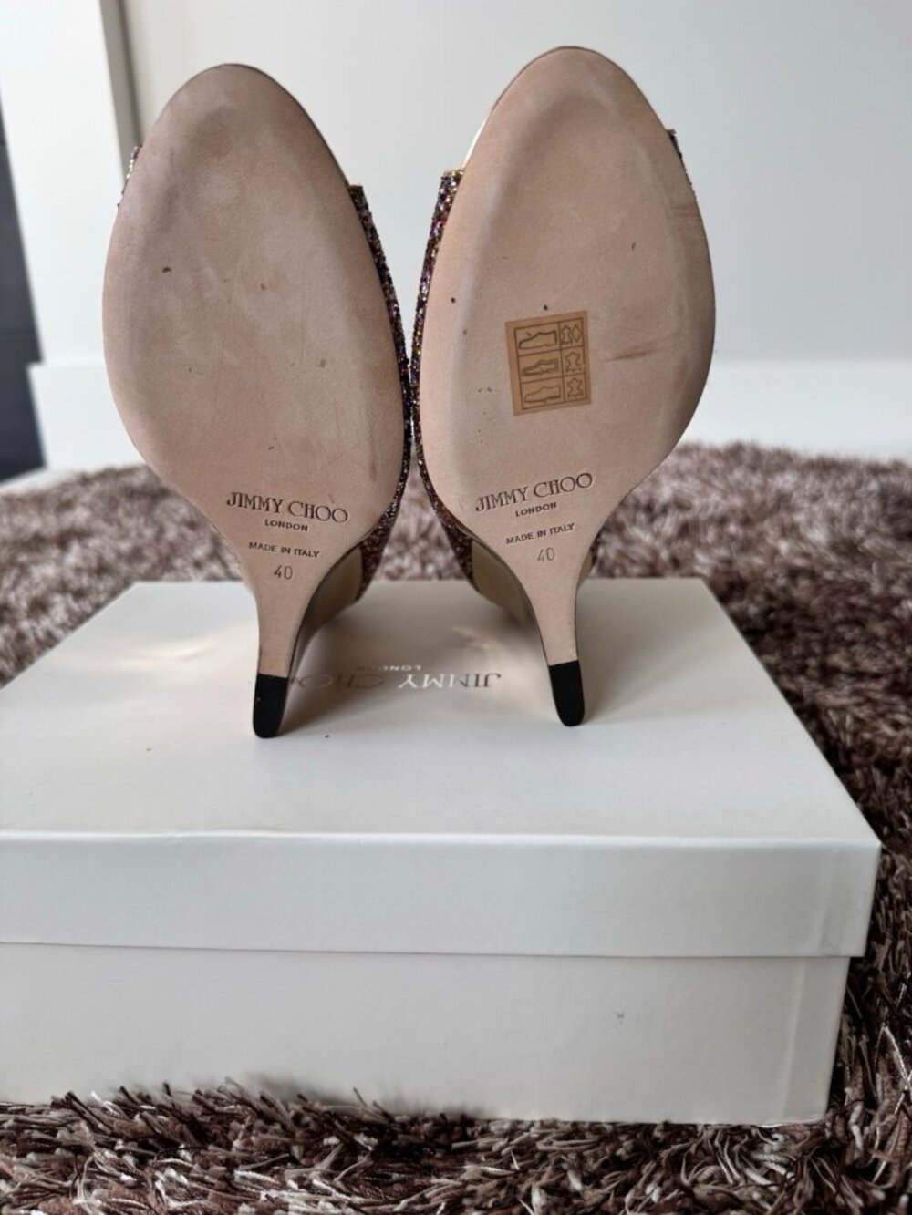 Jimmy Choo Glitter Golden Multi Wedge Pump Peep Toe Leather Women's Heels - Picture 4 of 7